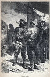Descubrir Canadá: coureur des bois (involucrado en el comercio de pieles con los amerindios). Dibujo de Bayard. Grabado de finales del siglo XIX en 