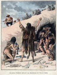 Descubrimiento de Canadá: el piloto Alexis Chedotel encuentra a la tripulación abandonada por Troilus du Mesgouez conocido como Marqués de la Roche en la isla arenosa en 1578. Grabado de finales del siglo XIX en "La nouvelle France" de Eugene Guenin