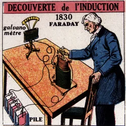 Descubrimiento de la inducción por Faraday en 1830 - en "La energía, sus transformaciones, sus aplicaciones", por Arnould, ed. Quillet, siglo XX