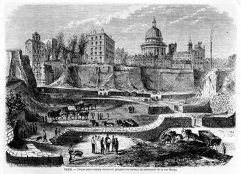 Descubrimiento del anfiteatro galo-romano en París durante las obras de construcción en la rue Monge en 1869