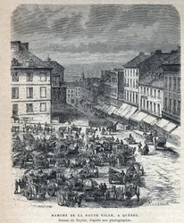 Descubrimiento de Canadá: marcha desde la ciudad alta a Quebec. Dibujo de Taylor a partir de una fotografía. Grabado de finales del siglo XIX en "La nouvelle France" de Eugene Guenin.