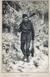 Descubrimiento de Canadá: retrato de un trampero canadiense en el bosque. Grabado de finales del siglo XIX en "La nouvelle France" de Eugene Guenin.