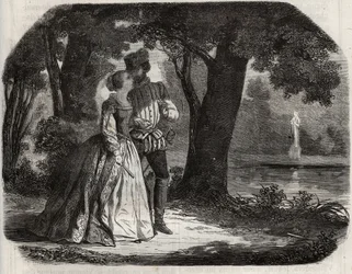 Don Juan discutió con Ana de Austria (1549-1580) su posible unión con el Príncipe Don Carlos (1545-1568), hijo del Rey Felipe II de España (1527-1598). Grabado de 1871 en "Histoire Des Cocus Celebres" de Henry de Kock (1819-1892)