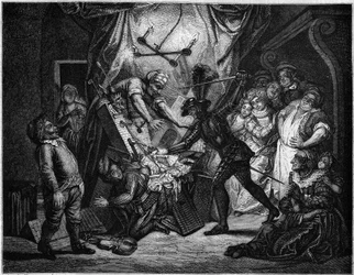 Don Quijote lucha contra los títeres que cree que son moros. Grabado de V. Beauce a partir de la pintura de Charles Antoine Coypel (1694-1752), que ilustra la novela de Cervantes (1547-1616). En «Le Magasin pittoresque»