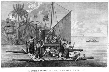 Doble piragua de las Islas Amistosas, ilustración del Atlas du Voyage à la recherche de La Pérouse, 1792