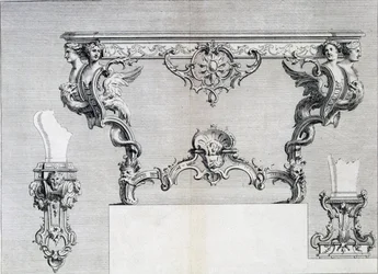 Candelabro de doble rama con elementos rococó y clásicos, de un libro de patrones de diseños de metal neoclásico compilado por Duhamel, c.1770s-80s