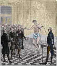El Dr. Andrew Ure realiza experimentos voltaicos sobre el cuerpo del asesino ejecutado Clydesdale, en 1818 - Experimento de Andrew Ure (1778-1857) sobre un cadáver - Grabado en 
