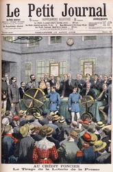 Dibujo de la Lotería de Prensa en las oficinas del Crédito Foncier de Francia en París. Crédito de tierras. El sorteo de la Lotería de Prensa. Ilustración para Le petit Journal