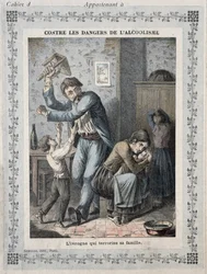 Borracho aterrorizando a su familia, portada de un cuaderno escolar. c.1900