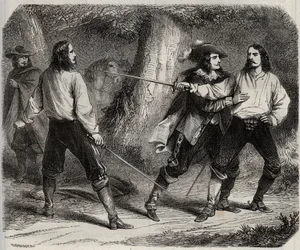 Duelo a espada entre el Vizconde de Cahuzac y el Marqués de Gesvres, de quien la reina de Francia Ana de Austria está enamorada, en los bosques de Vincennes. Siglo XVII. Grabado de 1871 en “Histoire Des Cocuses Celebres” de Henry de Kock