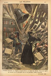 Durante el incendio de la iglesia de Aubervilliers, la caída de las campanas hirió a un agente, a un obrero y al cuidado de la parroquia. Grabado en "Le pelerin" 29/04/1900. Colección Selva.