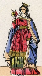 Dinastía de los Capetos: Retrato de Adela o Alix o Alicia de Champaña (1140-1206), Reina de Francia esposa de Luis VII llamado el Joven (1120-1180). Imagen de Epinal de finales del siglo XIX. Colección privada.