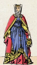 Dinastía de los Capetos: Retrato de Isabel de Aragón (1247-1271), Reina de Francia, esposa de Felipe III conocido como el Atrevido (1245-1285). Imagen de Épinal de finales del siglo XIX. Colección privada.