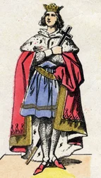 Dinastía de los Capetos: Retrato de Luis IX de Francia (1214-1270) rey de los Francos de 1226 a 1270. Imagen de Épinal de finales del siglo XIX. Colección privada.