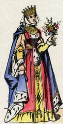 Dinastía de los Capetos: Retrato de Margarita de Provenza (1221-1295), Reina de Francia, esposa de Luis IX de Francia (1214-1270). Imagen de Épinal de finales del siglo XIX. Colección privada