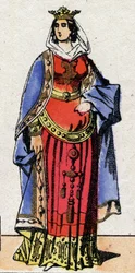 Dinastía de los carolingios: Retrato de Bertrade o Berta de Laon conocida como Berta de Gran Pie (720-783) Reina de los Francos esposa de Pipino el Breve (715-768). Imágenes de Épinal finales del siglo XIX. Colección privada.