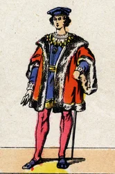 Dinastía de los Valois: Retrato de Carlos VIII (1470-1498), Rey de Francia de 1483 a 1498. Imagen de Épinal de finales del siglo XIX. Colección privada