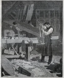 Ebanistería: trabajador ebanista partiendo una tabla en el taller. Grabado de 1885 en “Les arts et metiers illustres” por Adolphe BITARD.