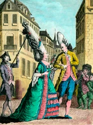 Peinados excéntricos en el siglo XVIII: la mujer francesa en el paseo. Grabado del siglo XVIII. Colección privada.
