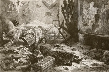 Efectos de la explosión de un proyectil en una casa de los suburbios, mayo de 1871, ilustración de "Cassell