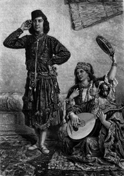 Músicos y bailarines egipcios. Hombre sostiene platillos entre sus dedos. Grabado en "Le Journal de la jeunesse"