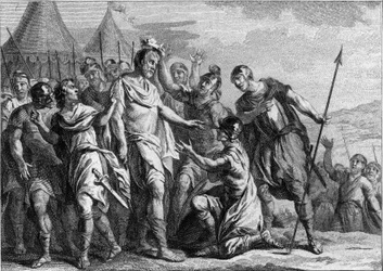 Elección de Meroveo como jefe de los francos salios en 448. Primer rey merovingio, reinó hasta 458. Grabado del siglo XVIII.