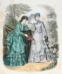 Mujeres elegantes en un jardín, de La Mode Illustrée, 1871