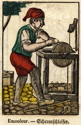 Emouleur (consiste en afilar objetos con la rueda de afilar); Serie sobre oficios, imagen de Épinal del siglo XIX.