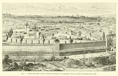 Enclos du Temple y muro de Charles V, en el siglo XV; vista desde el exterior de la ciudad