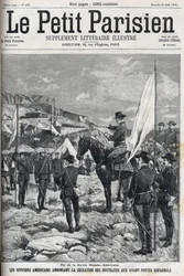 Fin de la Guerra Hispano-Estadounidense en 1898. Oficiales estadounidenses anunciando el cese de hostilidades en los puestos avanzados españoles. Grabado en “Le petit parisien” de 1898.