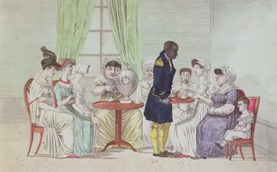 Mujeres inglesas tomando té después de la cena