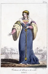 Grabado, traje de dama en la ciudad alrededor de 1545