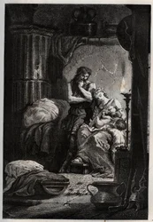 Eponina y su esposo Julio Sabino (muerto en 78 d.C.) viviendo clandestinamente en una cueva para escapar del emperador Vespasiano (9-79) - Sabino y su esposa Eponina, escondidos en una cueva - grabado de 