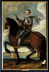 Retrato ecuestre de Enrique IV (1553-1610) rey de Francia frente al Pont Neuf en París. Pintura anónima del siglo XVII. Mención obligatoria: Sully sur Loire, Chateau de Sully