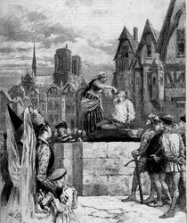 Esmeralda dando de beber a Quasimodo en la Plaza de Grève. Ilustración de “Notre Dame de París” de Victor Hugo (1802-1885). Grabado de 1879