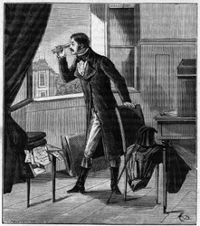 Etienne Louis Malus (1775-1812) observa a través de un espato la luz del atardecer reflejada por las ventanas de vidrio de Luxemburgo en 1808 - Etienne-Louis Malus (1775-1812) oficial, ingeniero, físico y matemático francés - Grabado en “Ciencias al alcanc