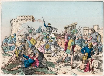 Eudes (Odon) (860-898), dinastía carolingia, lideró la batalla contra los normandos y defendió París victoriosamente (885-887) - Grabado de finales del siglo XIX en “Nos Gires Nationales - Imágenes y relatos