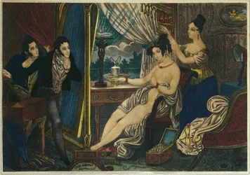 Tarde, el aseo antes del baile, principios del siglo XIX (grabado en color)