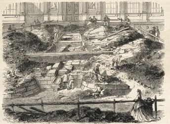 Excavaciones en la Cour Carrée del Louvre - Descubrimiento de los cimientos de la antigua torre de Philippe Auguste - Excavaciones ejecutadas en el patio del Louvre - actualización de los cimientos de la antigua Torre Philippe-Auguste - Grabado en 