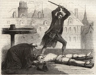 Ejecución (Le torice de la roue) del envenenador Antoine-François Desrues (1744-1777) en la Place des Grèves en París en 1777 - Castigo de Desrues, roto en la rueda en la Place de Grève en París