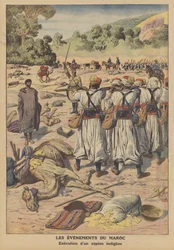 Ejecución de un espía nativo en Marruecos (litografía en color)