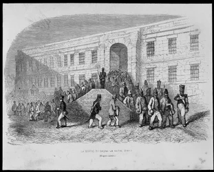 Salida del presidio de Brest por la mañana - en Les Bagnes: historia, tipos, costumbres, misterio por Maurice Alhoy, ed Gustave Havard