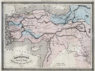 Expedición de Ciro el Joven (siglo V a.C.) y retirada de los diez mil - Placa extraída de “Atlas Universal de geografía antigua y moderna para escuelas residenciales” por Vuillemin - ca. 1845