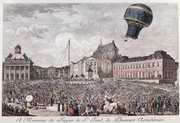 Experimento en Versalles de los hermanos Montgolfier con el vuelo en un globo aerostático Montgolfière de un gallo, un pato y una oveja el 19 de septiembre de 1783