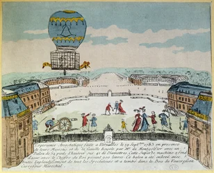 Experimento en Versalles de los hermanos Montgolfier con el vuelo en un globo aerostático Montgolfière de un gallo, un pato y una oveja el 19 de septiembre de 1783