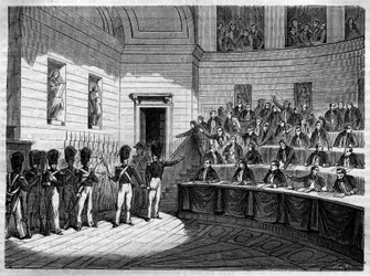 Expulsión de Jacques Antoine (Jacques-Antoine) Manuel (1775-1827) abogado y político liberal francés de la Cámara de Diputados. Grabado en “Historia de los Papas-Reyes-Reinas y Emperadores a través de los siglos” de Maurice Lachatre