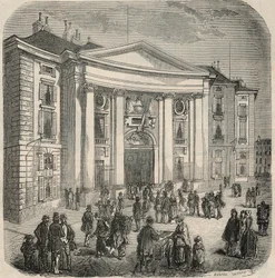 Vista exterior de la Escuela de Derecho, Place du Pantheon en París - Grabado en "Tableau-de-Paris" por Edmond Texier 1852