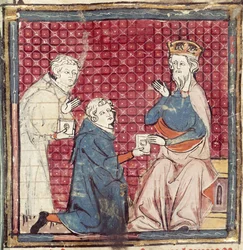 F.117r Mensajeros informando a Carlomagno de la victoria sobre los sarracenos, de las Grandes Crónicas de Francia, 1375-79