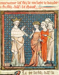 El Matrimonio de Luis II (846-79) el Tartamudo y Adelaida de Frioul, Reina de Aquitania, de las Grandes Crónicas de Francia 1375-79