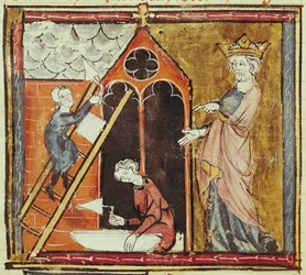 F.235v El rey Luis VI (1080-1137) observando la construcción de una iglesia, de las Grandes Crónicas de Francia 1375-79